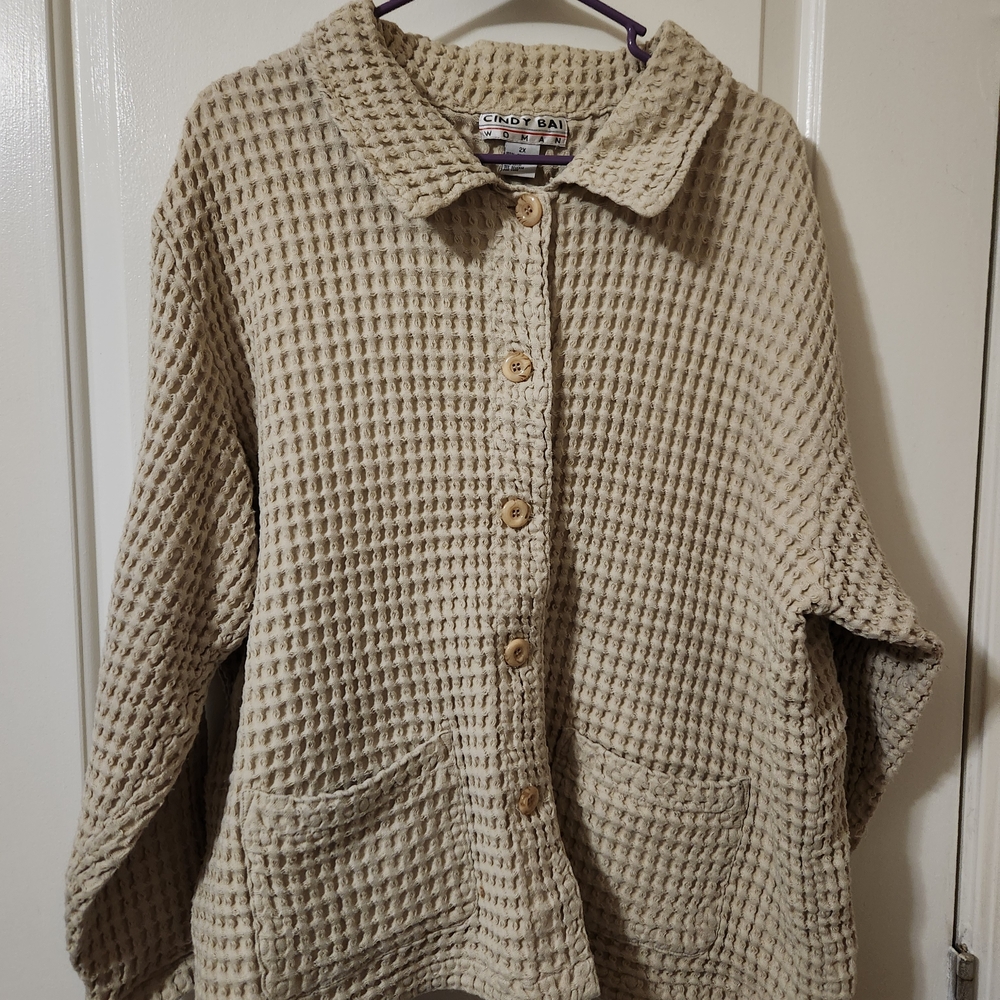 Vintage Cindy Bai Beige Waffle Knit Button Up Shacket